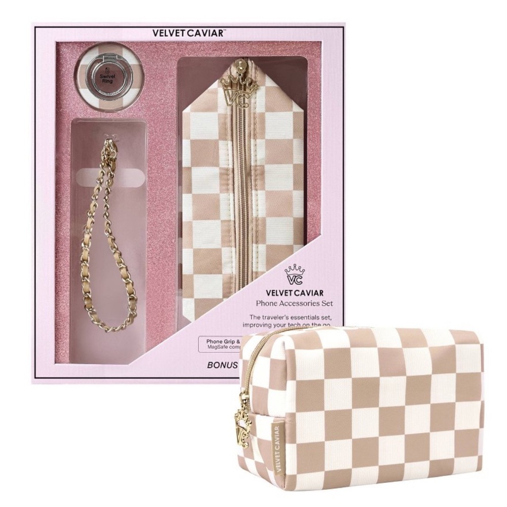Velvet Caviar Checkered Phone Accessories Set in Cream and White